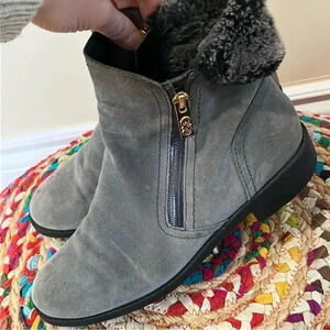 Cole Haan grey suede leather faux  fur ankle boots with zippers